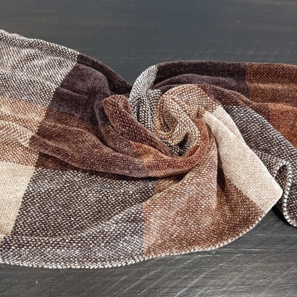 ❌SOLD❌ Brown Plaid Scarf Chenille Rectangular Fringe Fall Winter Womens Mens - Picture 7 of 10